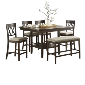 Modern Dark Brown 5 Piece Dining Set Rectangular Dining Table of Lower Display Shelf and 4 Chair 1 Bench of Faux leather For Dining Room