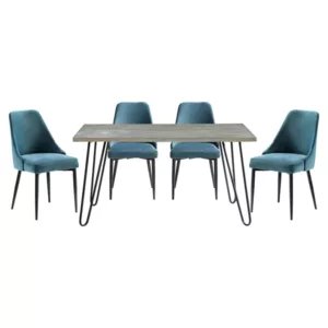 Modern Sleek Design 5pc Dining Set Table and 4x Side Chairs Blue Velvet Casual Metal Frame Stylish Dining Furniture