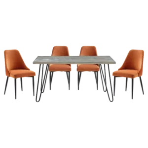 Modern 5pc Dining Set Rectangular Dining Table With 4 Orange Velvet  Chairs of Metal Frame For Dining Room