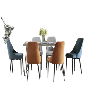 Modern Sleek Design 7pc Dining Set Table and 6x Side Chairs Blue Orange Gray Velvet Upholstered Metal Frame Stylish Dining Furniture