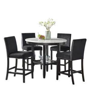 Modern 5pc Dining Set Round Dining Table of Faux Marble With 4 Black Fabric Chairs For Dining Room
