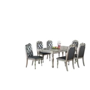 Traditional Formal Silver / Grey Finish 7pc Dining Set Table w 6x Side Chairs Rubber wood Intricate Design Tufted back Cushion Seat Dining Room Furniture