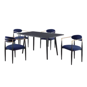 Modern 5pc Rectangular Dining Set Black Sintered Stone Table and 4 Blue Fabric Chairs For Dining Room