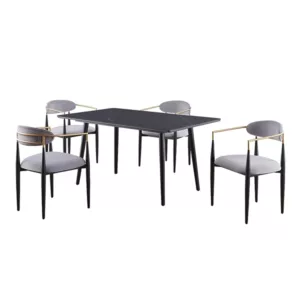 Modern 5pc Rectangular Dining Set Black Sintered Stone Table and 4 Gray Fabric Chairs For Dining Room