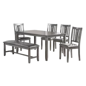 Modern Gray Rectangular 6pc Set Dining Table With 4x Side Chairs and A Bench of Solid wood For Dining Room