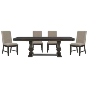 Modern Beige 5pc Dining Set Dining Table Double Pedestal Base and 4 Upholstered Side Chairs For Dining Room