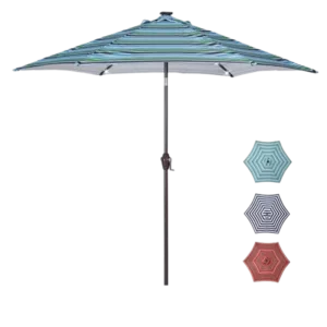Outdoor Market Table Patio Umbrella with Push Button Tilt and Crank with 24 LED Light in Blue Striped Color