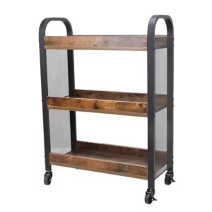 3 Tier Wood and Metal Kitchen Cart with Mesh Side Panel, Brown and Black