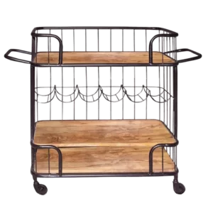 Metal Frame Bar Cart with Wooden Top and 2 Shelves, Black and Brown