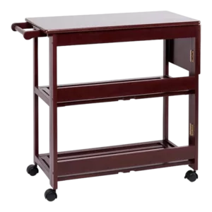 38 Inch Handcrafted Rubberwood Kitchen Island Bar Cart, Knife Holder, Folding Frame, 2 Slatted Shelves, Cocoa Red