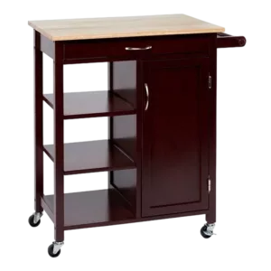 35 Inch Handcrafted Rubberwood Kitchen Island Bar Cart, 3 Shelves, 1 Cabinet, Caster Wheels, Espresso Brown