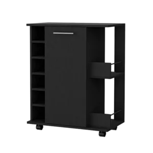 Woodland Bar Cart with Casters, Wine Rack and Open Shelf Black