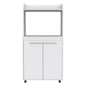 Kira Kitchen Kart, Double Door Cabinet, One Open Shelf, Two Interior Shelves -White