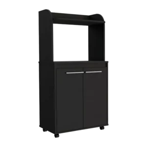 Kira Kitchen Kart, Double Door Cabinet, One Open Shelf, Two Interior Shelves -Black