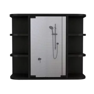 Black Milan Medicine Cabinet with Six External Shelves Mirror, and Three Internal Shelves