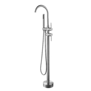 Floor Mount Double-Handle  Freestanding Tub Faucet with Hand Shower in Brushed Nickel