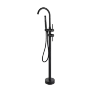 Double-Handle Floor Mount Freestanding Tub Faucet with Hand Shower in Matte Black