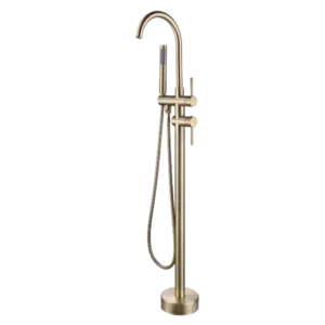 Double-Handle Freestanding Tub Faucet with Hand Shower in Gold