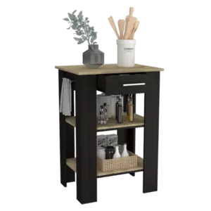 Kitchen Island 23 Inches Dozza with Single Drawer and Two-Tier Shelves, Black Wengue / Light Oak Finish