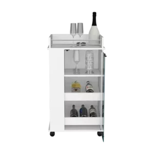 Bar Cart with Two-Side Shelves Beaver, Glass Door and Upper Surface, White Finish