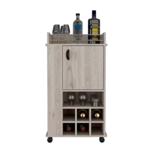 Bar Cart with Casters Reese, Six Wine Cubbies and Single Door, Light Gray Finish