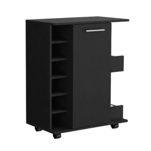Bar Cart with Six-Wine Cubbies Cabot, Two-Side Storage Shelves and Casters, Black Wengue Finish