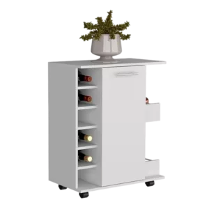 DEPOT E-SHOP Selden Bar Cart with 6-Built in Bottle Racks, Casters and 2-Open Side Shelves, White