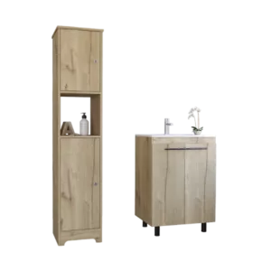 Hartford 2 Piece Bathroom Set, Yaka Linen Cabinet + Dustin Free Standing Sink Cabinet , Light Oak