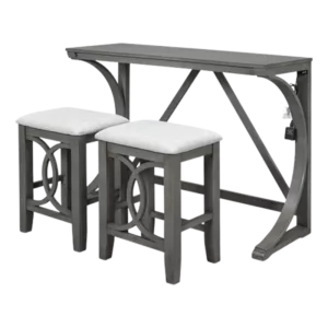 Modern Grey 3-Piece Dining Set Rectangular Wooden Table With 2 Upholstered Stools And  USB Port For Small Places