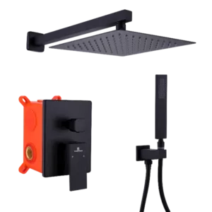 10 Inches Wall Mount Pressure-Balanced Shower System, Bathroom Luxury Rain Mixer Shower Combo Set, Matte Black