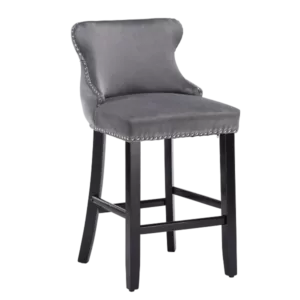 Modern Grey Set of 4 Velvet Upholstered Wing Back Chairs With Button Tufted, Wooden Legs and Chrome Nail head Trim For Dining Room