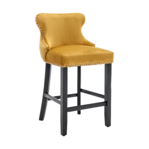 Modern Gold Set of 4 Velvet Upholstered Wing Back Chairs With Button Tufted Wooden Legs and Chrome Nail head Trim For Dining Room