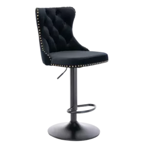 Modern Black Set of 2 Adjusatble Velvet Upholstered Bar Stools of Metal Frame And Base with Comfortable Backs
