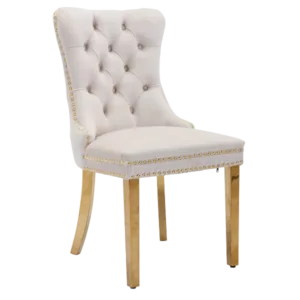 Modern Beige Velvet Upholstered Dining Chair of Wooden Frame And Legs With Nailhead Trim For Dining Room