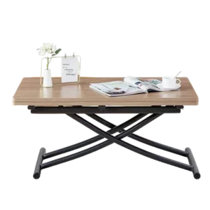Modern minimalist multifunctional lifting table, with a 0.8-inch wood grain process sticker desktop and black metal legs, can be used as a dressing table, coffee table, dining table, and office table
