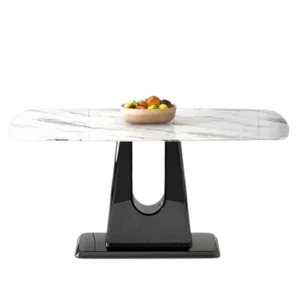 A modern, minimalist, and luxurious dining table with a white imitation marble tabletop and MDF legs with U-shaped brackets. Tables in restaurants and living rooms 63"*35.4"*30 F-U