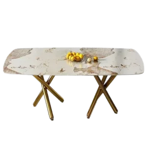 A modern minimalist rectangular dining table with a 0.39-inch imitation marble tabletop and gold-plated metal legs,for Kitchen Dining Living Meeting Room Banquet hall,1538