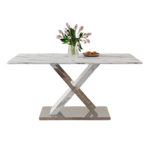 Modern white rectangular marble textured glass dining table and office desk. Equipped with stainless steel base. Beautiful and durable. 63"*37"*30"