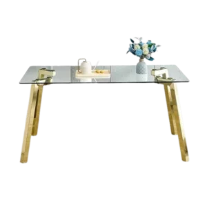 Modern minimalist style rectangular glass dining table with tempered glass tabletop and golden metal legs