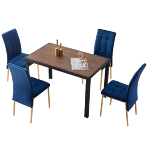 Modern 5-Piece MDF Dining Table Set Including 4 Blue Velvet High Back Golden Color Legs Chair For Dining Room