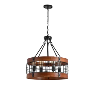 Round Wooden Chandelier - Antique Metal Pendant, 4 Lights For Indoor