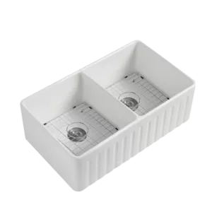 Fireclay 33" L X 18" W Double Basin Farmhouse Kitchen Sink With Grid And Strainer