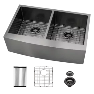 Gunmetal Black Double Bowl (50/50) Farmhouse Sink- 36"x21"x10"Stainless Steel Apron Front Kitchen Sink 16 Gauge with Two 10" Deep Basin