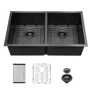 Double Bowl(50/50) Undermount Sink- 33"x19" Gunmetal Black  Double Bowl Kitchen Sink 16 Gauge with Two 10" Deep Basin