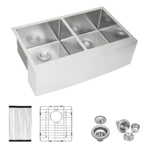 Double Bowl (50/50) Farmhouse Sink - 33"x21"x10" Stainless Steel Apron Front Kitchen Sink 16 Gauge with Two 10" Deep Basin