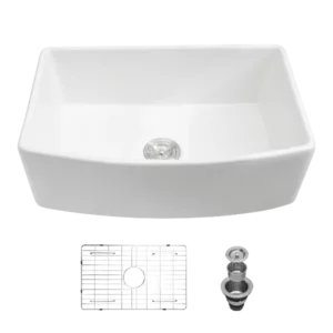 White Farmhouse Sink - 33 inch White Kitchen Sink Ceramic Arch Edge Apron Front Single Bowl Farm Kitchen Sinks