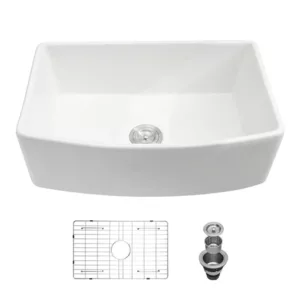 White Farmhouse Sink - 33 inch White Kitchen Sink Ceramic Arch Edge Apron Front Single Bowl Farm Kitchen Sinks