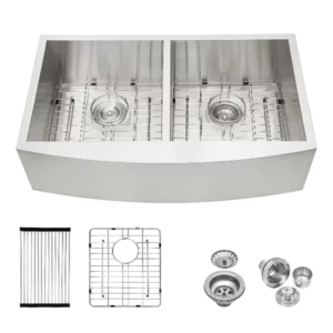 Double Bowl (50/50) Farmhouse Sink- 33"x20"x9"Stainless Steel Apron Front Kitchen Sink 18 Gauge with Two 9" Deep Basin