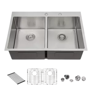 Double Bowl (50/50) Drop in Sink - 33"x22"x10" Stainless Steel Kitchen Sink 16 Gauge with Two 10" Deep Basin