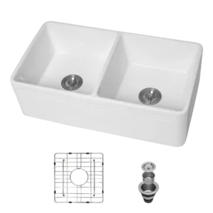 White Farmhouse Sink - 33 Inch Kitchen Sink Apron Front Double Bowl 50/50 White Ceramic Kitchen Farm Sink